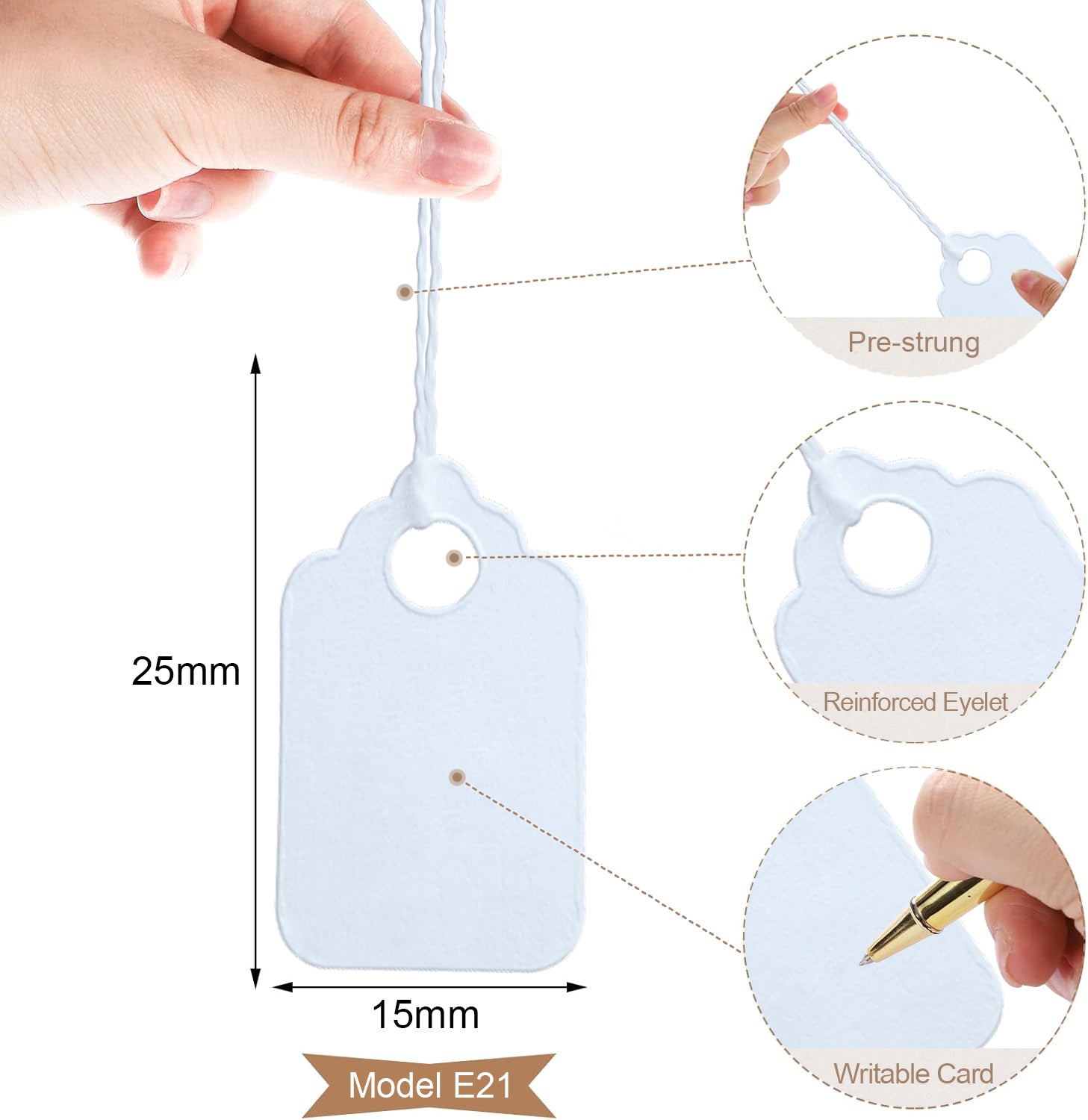 Swift Strung Tags White Card Clothing Parcel Label String Hanging Gift Swing Tickets Kraft Hang Price Labelling 25mm x 15mm (Pack Of 100)