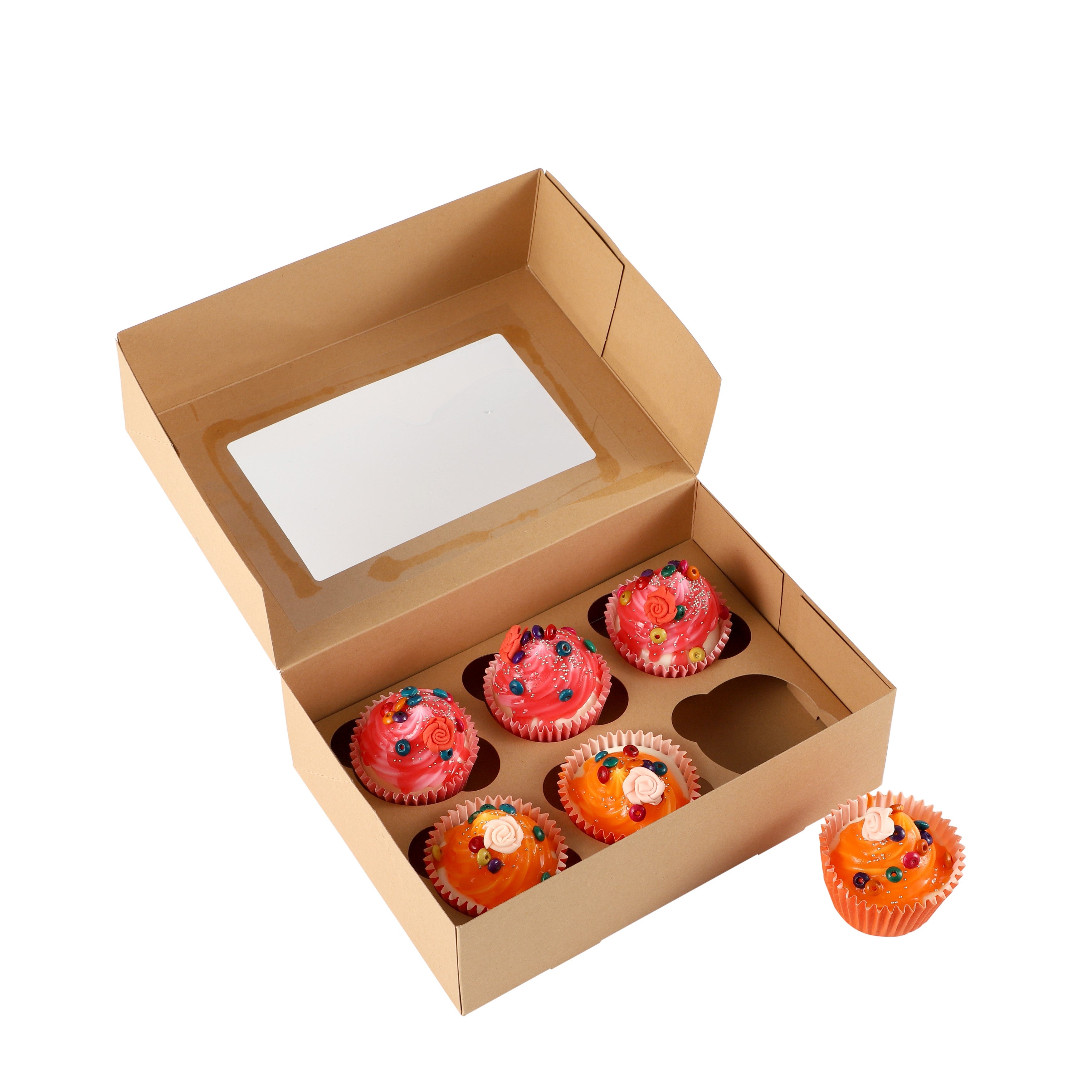 Cupcake Boxes Kraft Brown Holds 6 Single Fairy Cake with Clear Window Cardboard Packaging Box Baking Kids Muffins Cookies Weddings