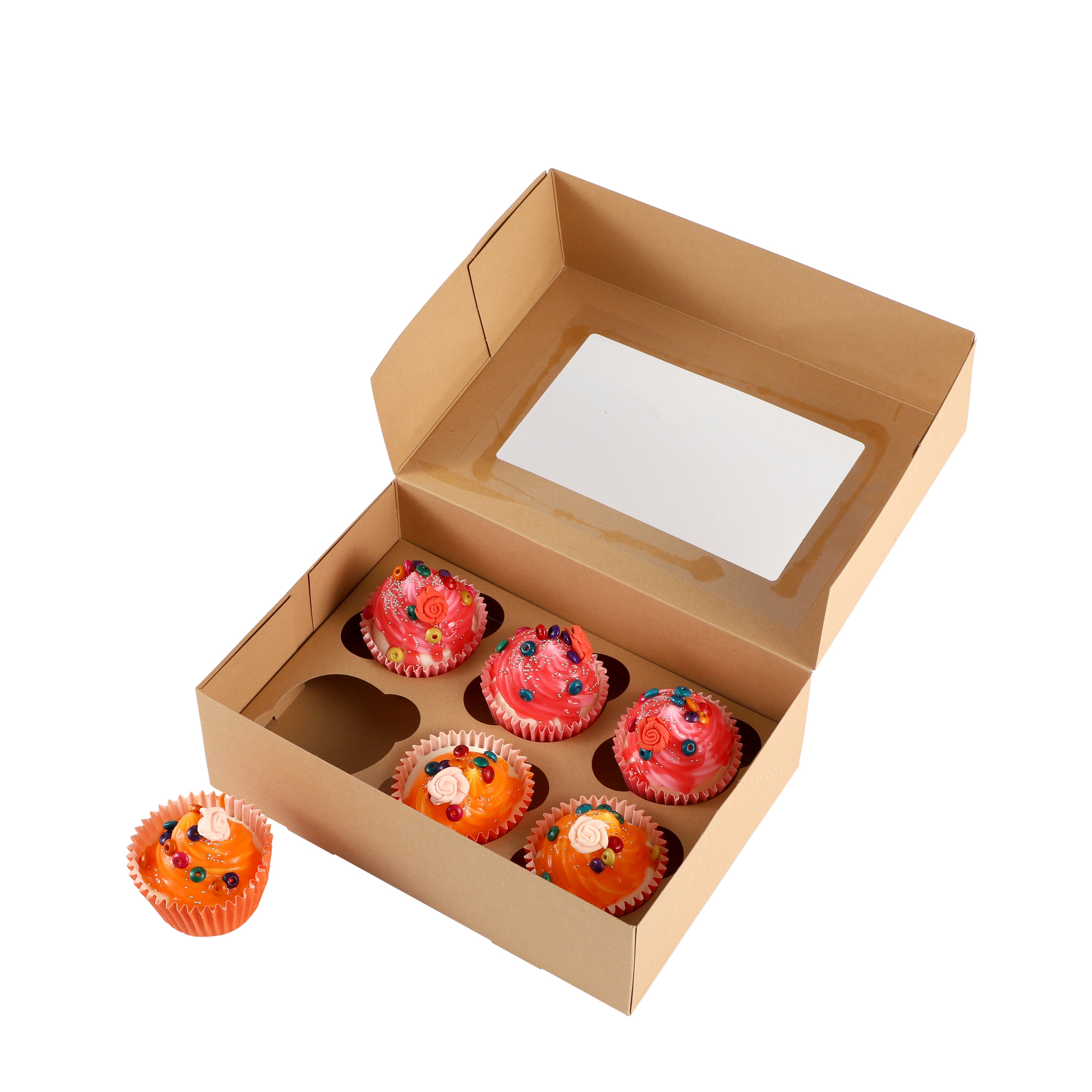 Cupcake Boxes Kraft Brown Holds 6 Single Fairy Cake with Clear Window Cardboard Packaging Box Baking Kids Muffins Cookies Weddings
