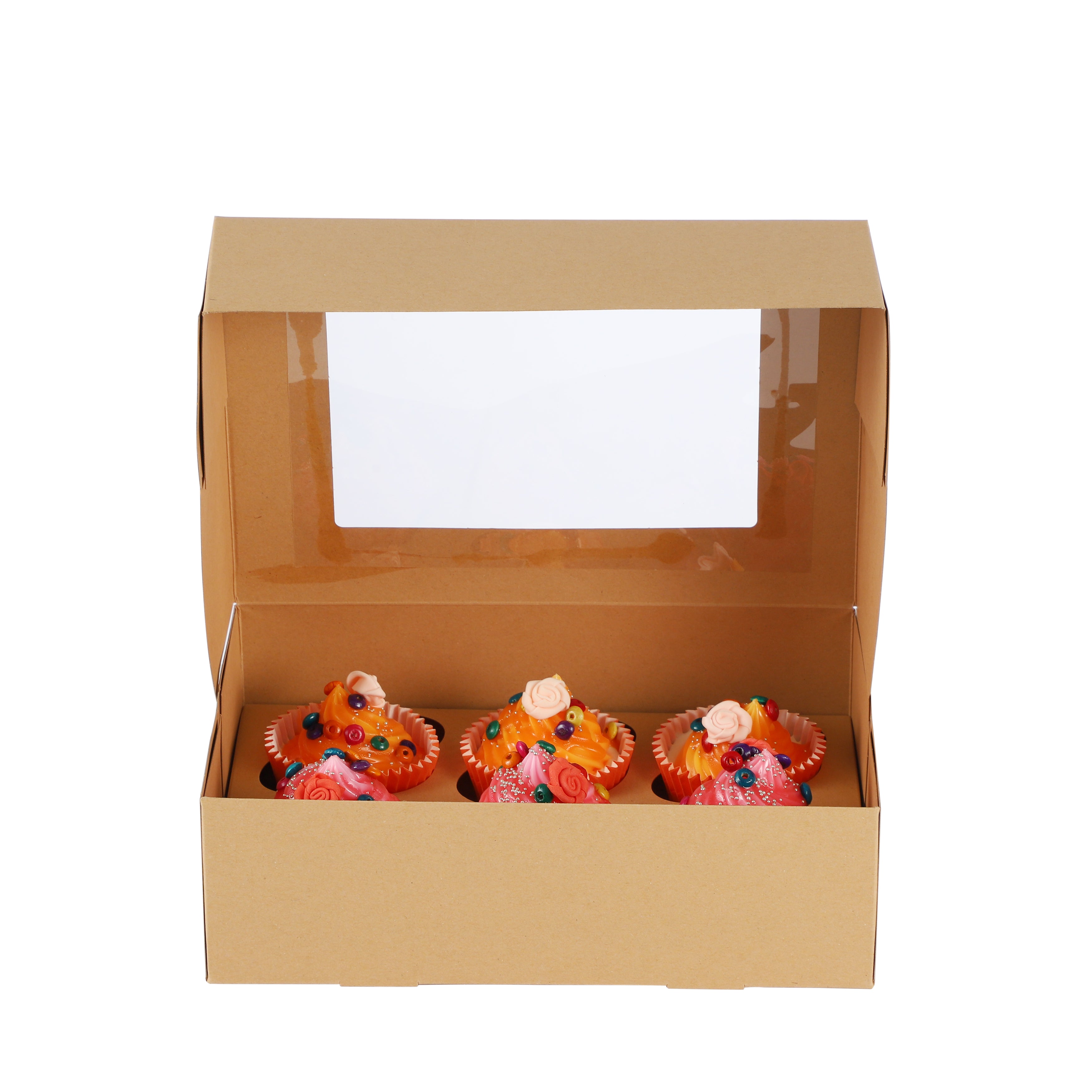 Cupcake Boxes Kraft Brown Holds 6 Single Fairy Cake with Clear Window Cardboard Packaging Box Baking Kids Muffins Cookies Weddings