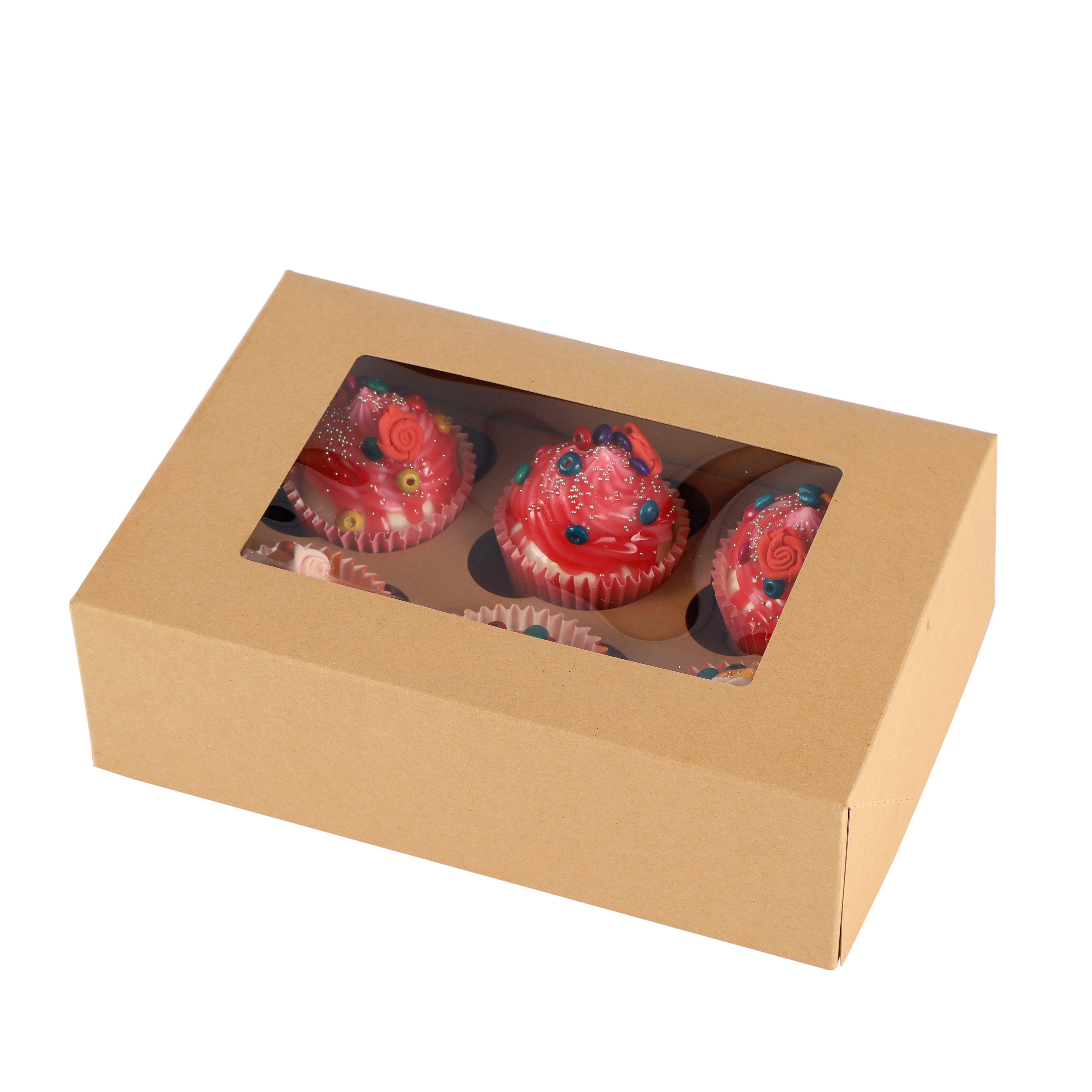 Cupcake Boxes Kraft Brown Holds 6 Single Fairy Cake with Clear Window Cardboard Packaging Box Baking Kids Muffins Cookies Weddings