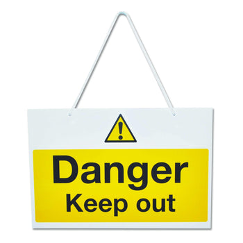 Danger Keep Out Yellow Hanging Warning Sign (BS10) tradingmadeeasy.co.uk