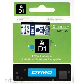 Dymo 12mm Blue On Clear D1 Tape (45011) tradingmadeeasy.co.uk