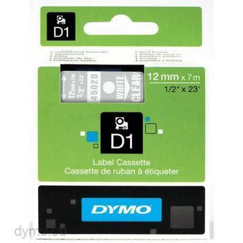 Dymo 12mm White On Clear D1 Tape (45020) tradingmadeeasy.co.uk